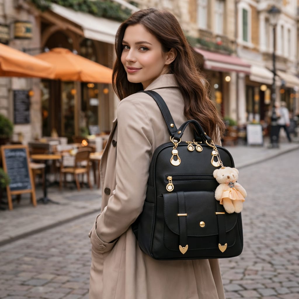 Mochila em Couro PU com Pingente Decorativo